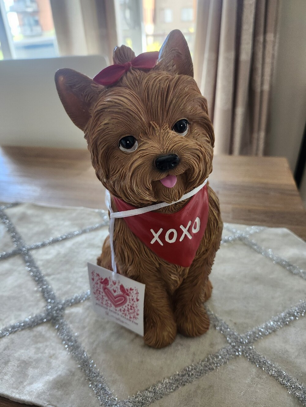 Adorable Yorkie Dog Bow Standing Statue